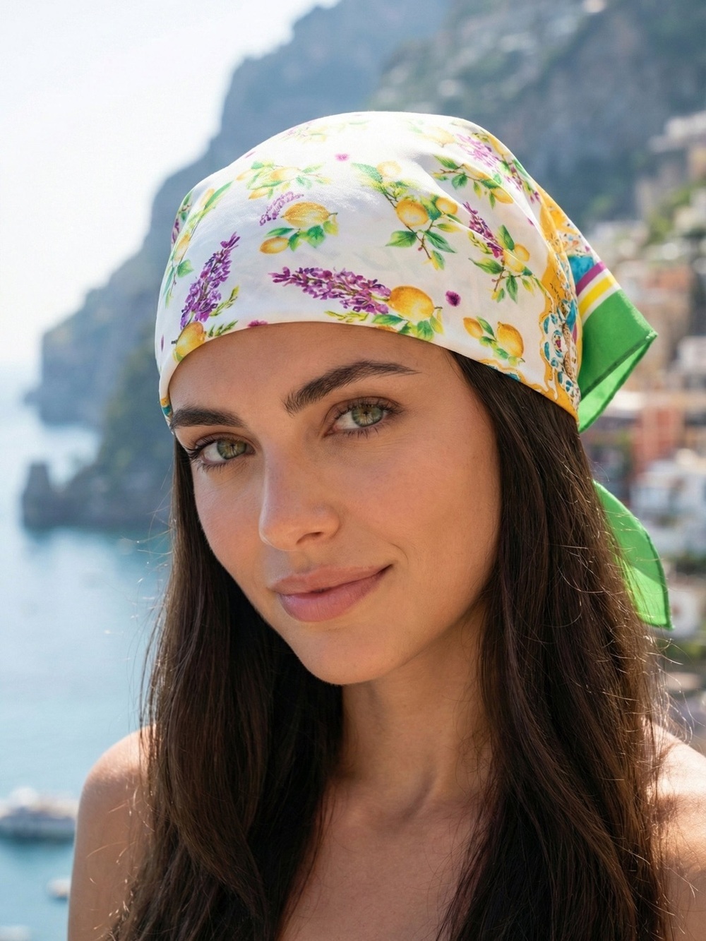 Antica Sartoria 2026 Positano Green and Purple Flower Print Hair Scarf bandana